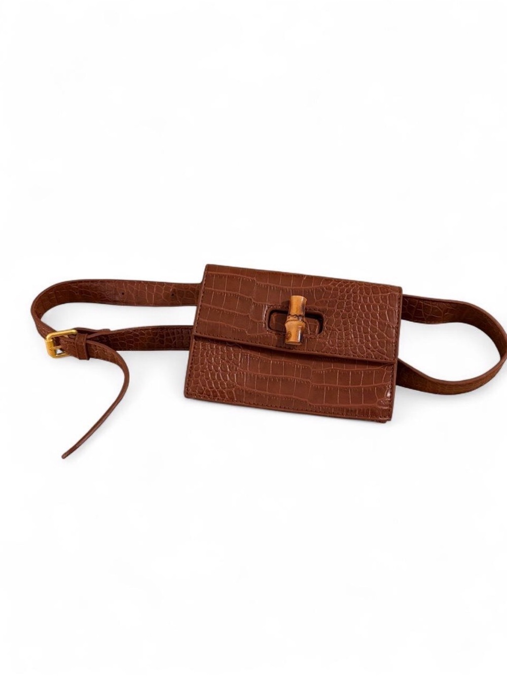 Brown Croc-Embossed Faux Leather Belt Bag with Bamboo Accent